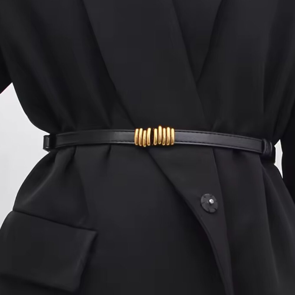 ✨ Elegant Black Leather Slim Belt with Gold Coil Accent ✨